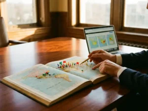 Business professional pointing to world atlas with colorful territory pins on mahogany conference table beside laptop