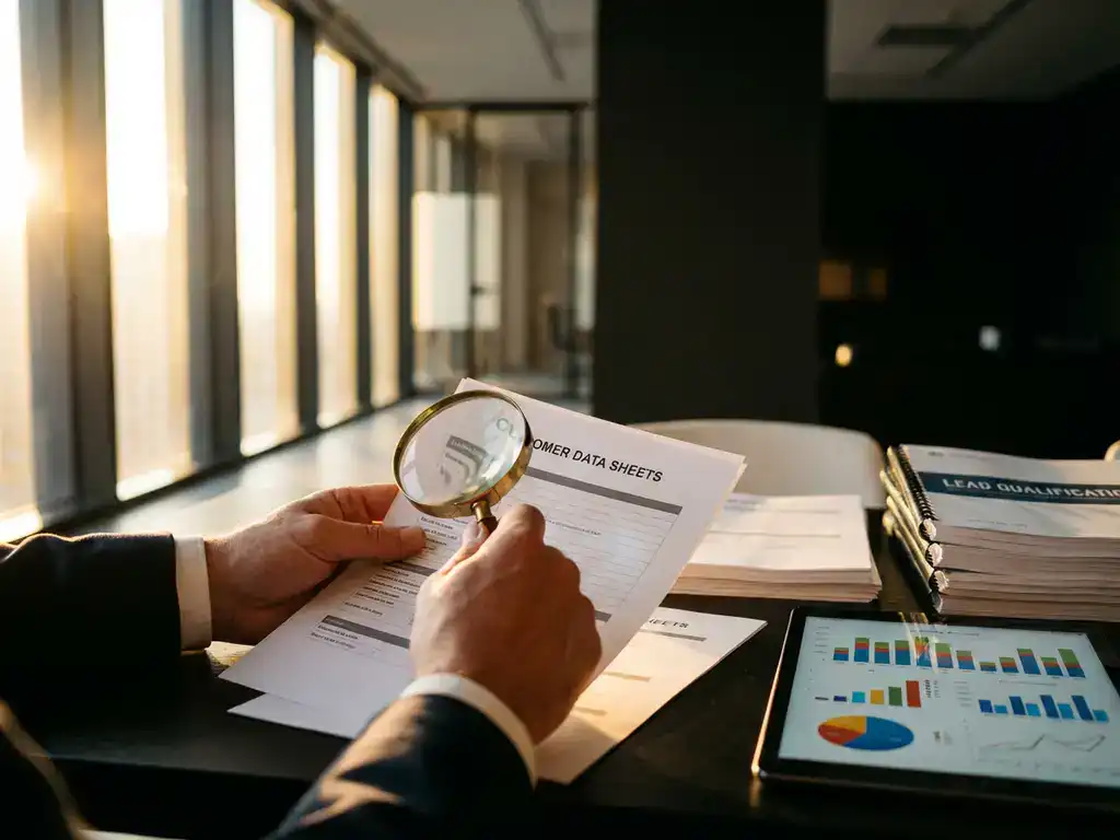 Businessman analyzing customer data with magnifying glass at modern office desk with sales analytics tablet and reports