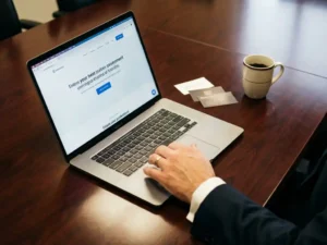 Businessman's hand hovering over laptop trackpad displaying professional website on mahogany conference table with coffee cup