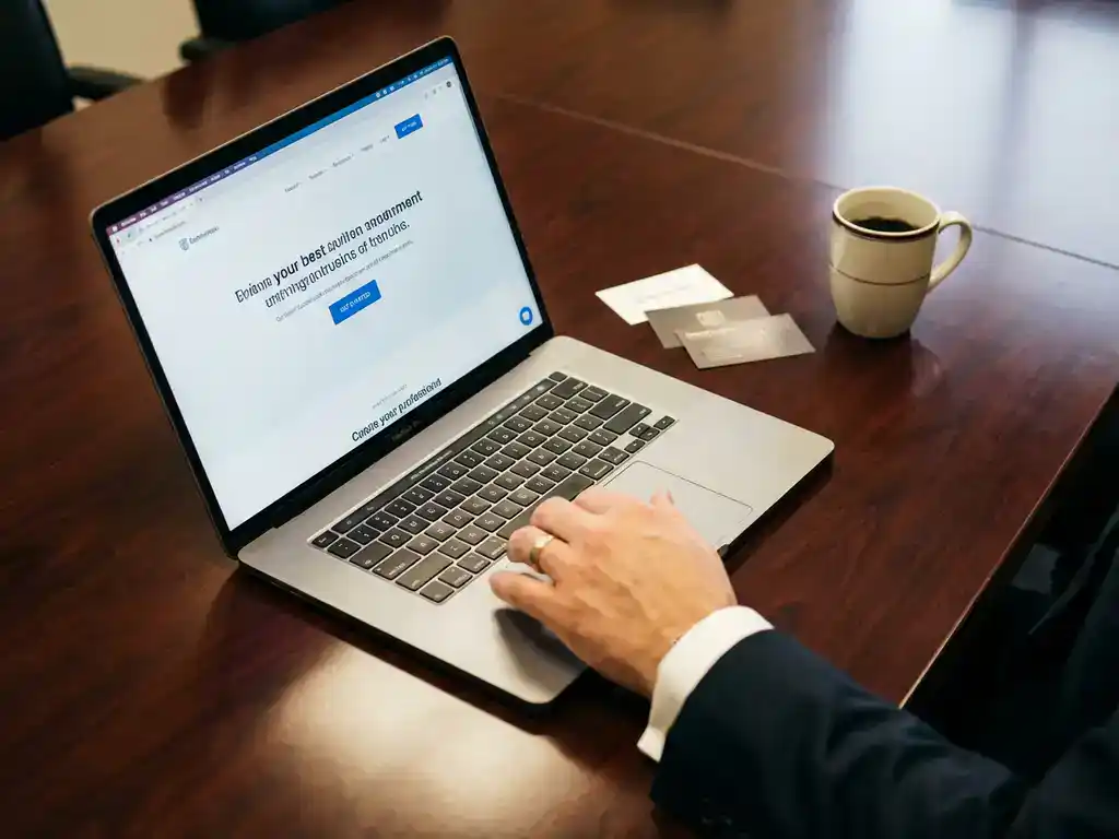 Businessman's hand hovering over laptop trackpad displaying professional website on mahogany conference table with coffee cup