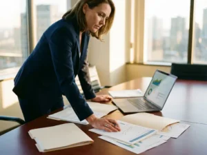 Professional businesswoman reviewing client data and analytics charts on documents at conference table with laptop