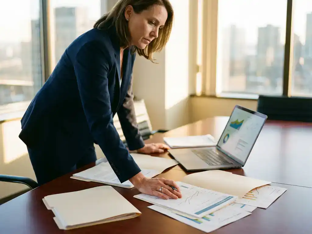 Professional businesswoman reviewing client data and analytics charts on documents at conference table with laptop