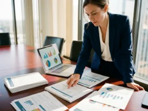 Professional businesswoman in navy blazer analyzing client data and charts at conference table in executive office.