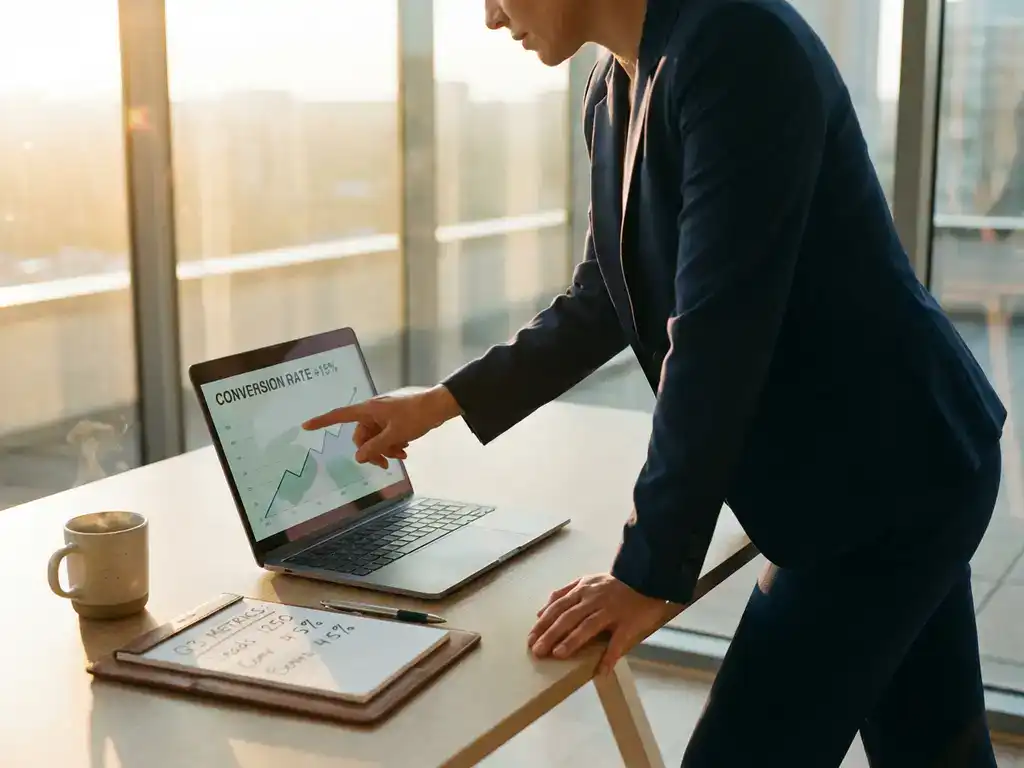 Professional businesswoman in navy suit analyzing upward trending conversion data on laptop at modern office desk