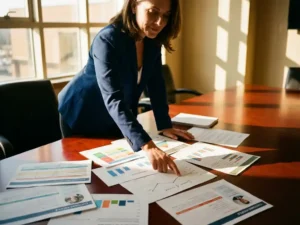 Businesswoman in navy blazer analyzing customer data charts and profiles on conference table in sunlit office