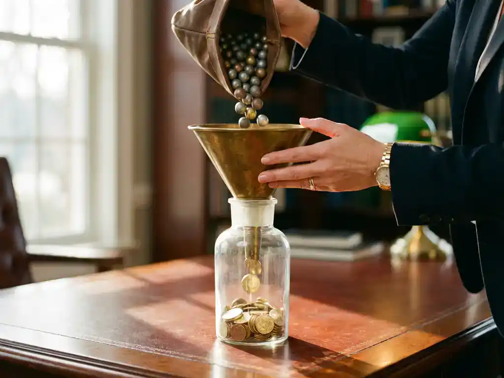 Professional businesswoman's hands adjusting brass funnel as colorful balls transform into golden coins on desk