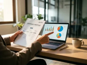 Businesswoman's hands holding company profile document while pointing to data charts on laptop screen at modern office desk