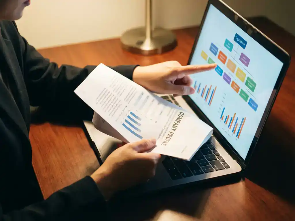 Businesswoman's hands holding company profile document while pointing at organizational charts and statistics on laptop screen
