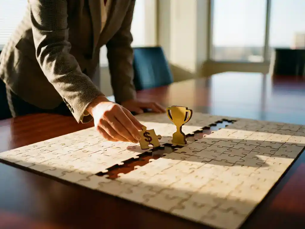 Professional businesswoman's hands placing dollar sign puzzle piece into nearly complete jigsaw on conference table.