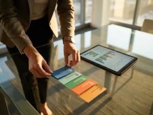 Businesswoman organizing colorful prospect cards by priority on glass conference table with tablet showing analytics nearby