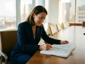 Professional businesswoman in navy suit reviewing contract at conference table, pen ready to sign, natural lighting