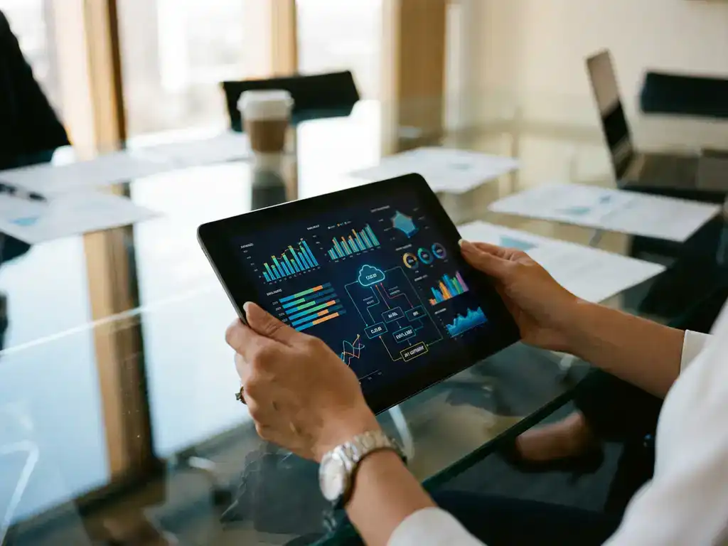 Businesswoman holding tablet displaying colorful data analytics charts at modern conference table with natural lighting.