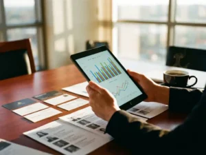 Professional businesswoman's hands holding tablet with colorful data analytics charts on mahogany desk with coffee cup