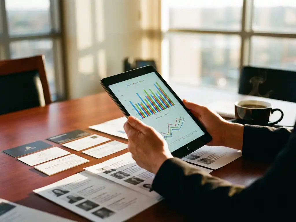 Professional businesswoman's hands holding tablet with colorful data analytics charts on mahogany desk with coffee cup