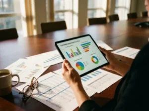 Businesswoman holding tablet displaying demographic charts and graphs with customer data documents on conference table