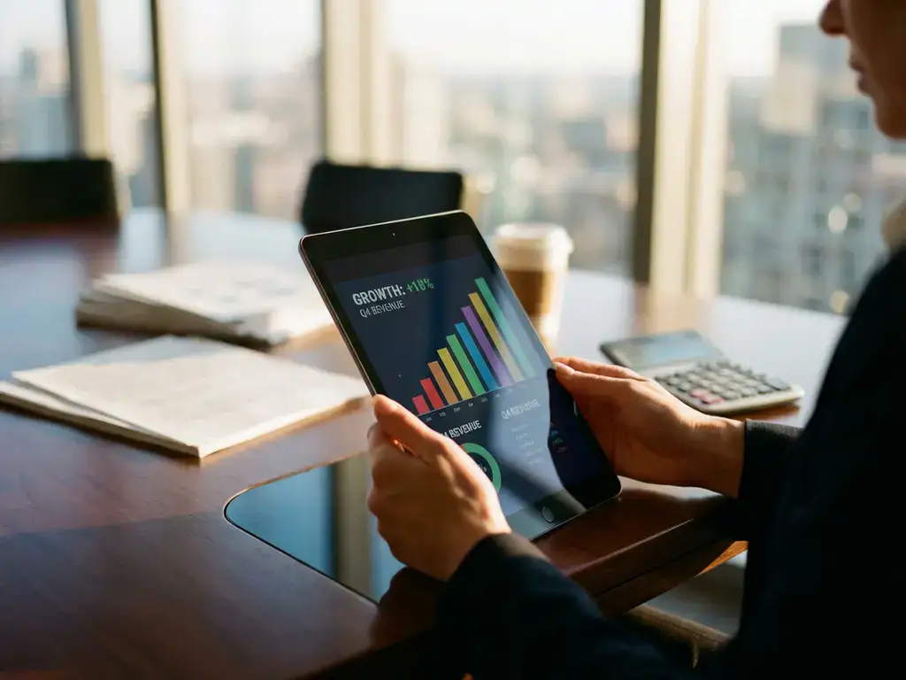 Businesswoman's hands holding tablet displaying colorful ascending bar charts and growth metrics on mahogany conference table.