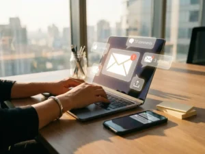 Professional businesswoman typing on laptop with email notifications and smartphone showing messages on office desk