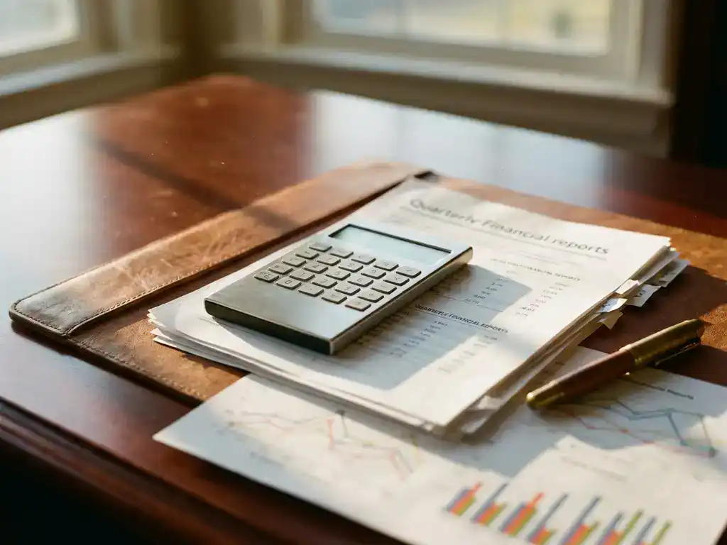 Modern calculator on financial reports with upward-trending graphs, fountain pen beside papers on mahogany desk in warm sunlight.