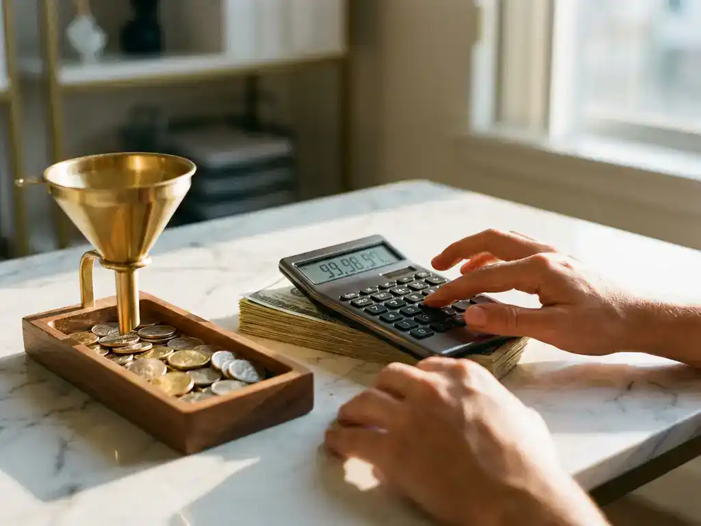 Calculator showing decreasing numbers on stack of dollar bills with golden funnel channeling coins, hands reaching toward device