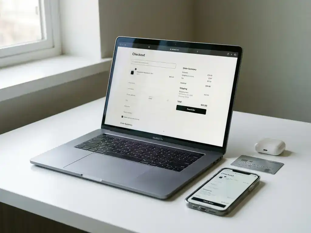 Laptop displaying checkout form on white desk with smartphone, credit card, and wireless earbuds in natural lighting