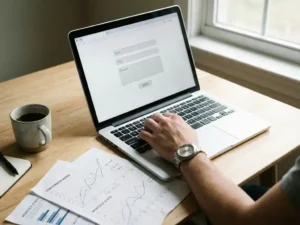 Laptop displaying contact form with three input fields on white desk, hand typing, conversion statistics papers nearby
