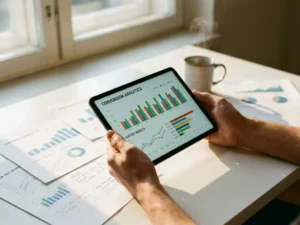 Professional hands holding tablet displaying colorful conversion analytics graphs with A/B test reports on white desk