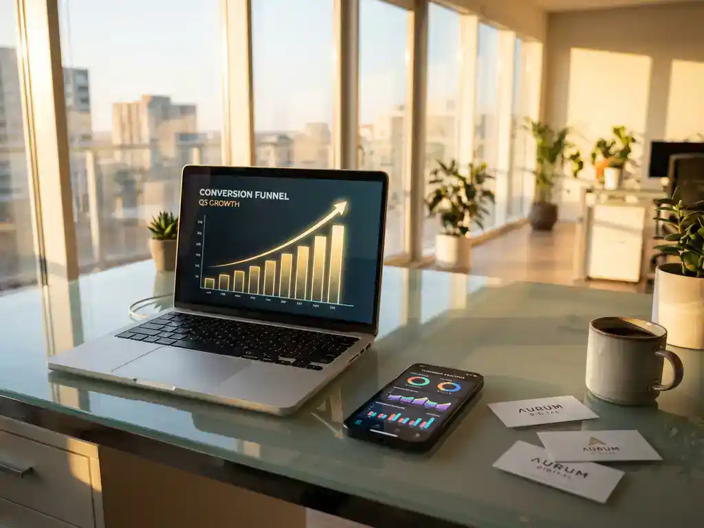 Laptop displaying upward trending conversion funnel graph on modern glass desk with smartphone showing analytics in office