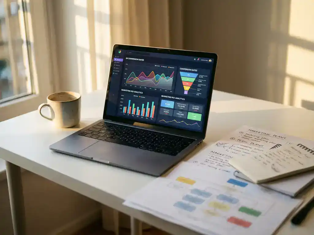Digital dashboard with colorful conversion rate analytics charts on laptop screen surrounded by marketing documents and coffee cup