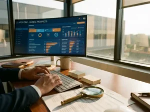Professional working at modern office desk with CRM dashboard on monitor, organizing business cards and prospect lists