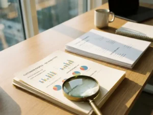 Magnifying glass over detailed customer profile documents with charts on modern office desk, emphasizing business research.
