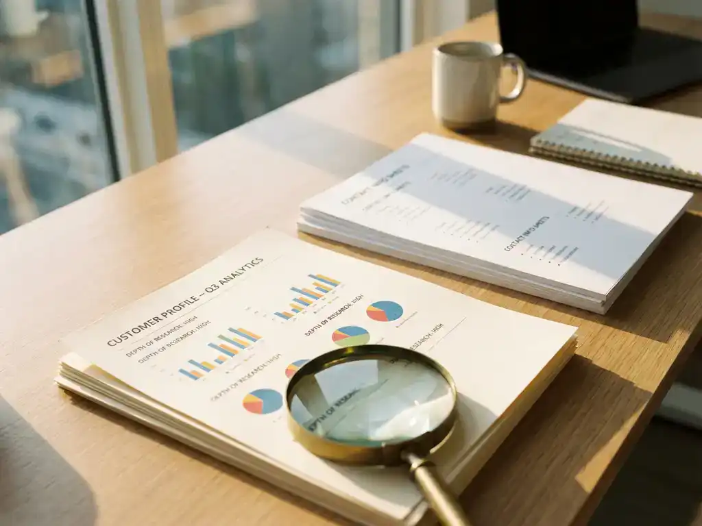Magnifying glass over detailed customer profile documents with charts on modern office desk, emphasizing business research.