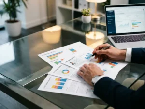 Business professional analyzing customer profile charts and conversion metrics on glass desk with laptop displaying analytics dashboard.