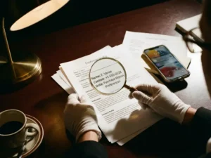 Businesswoman's hands holding magnifying glass over customer profile document on desk with smartphone and coffee cup nearby
