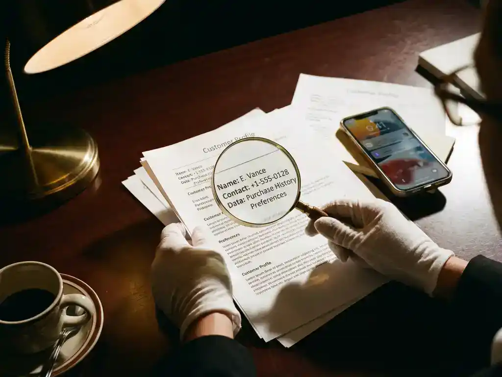 Businesswoman's hands holding magnifying glass over customer profile document on desk with smartphone and coffee cup nearby