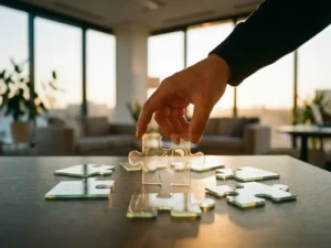 Businessman placing final glass puzzle piece with data patterns on modern office desk, connecting customer analytics