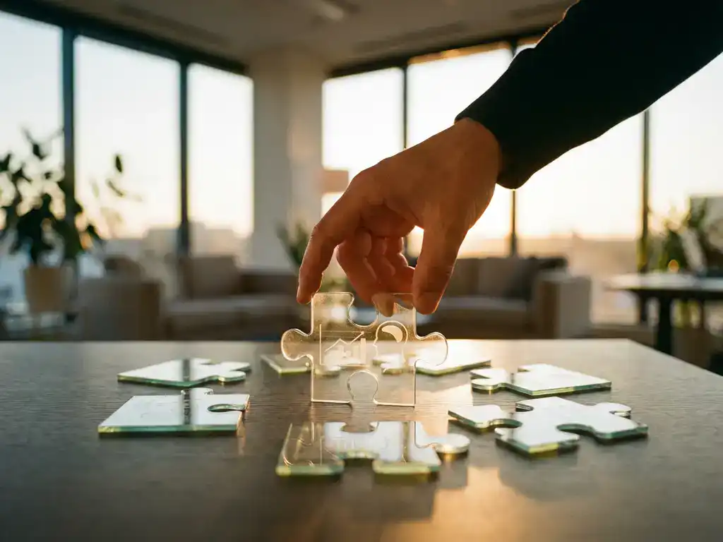 Businessman placing final glass puzzle piece with data patterns on modern office desk, connecting customer analytics