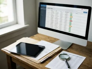 Modern office desk with computer monitor displaying organized customer data profiles, paper files, and magnifying glass