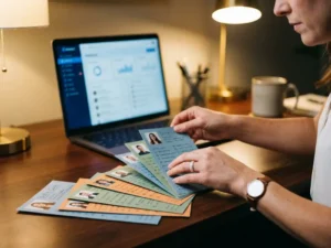 Professional woman organizing colorful customer profile cards in layers on wooden desk with laptop showing database