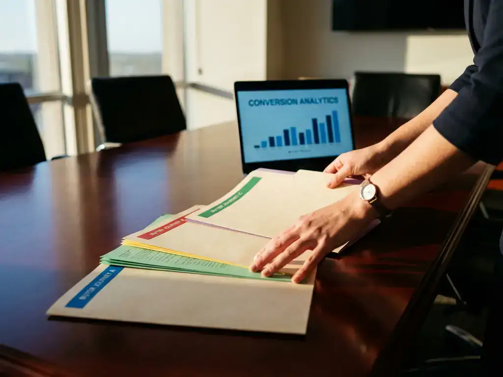 Businesswoman's hands organizing customer profile folders on conference table with laptop showing analytics in background