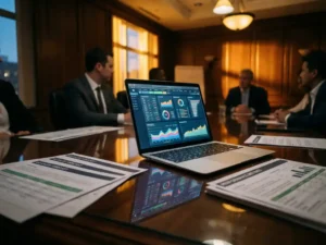 Modern laptop displaying data analytics charts and predictive visualizations on conference table with business reports