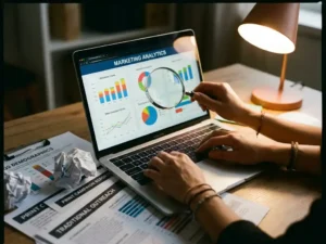 Modern laptop displaying data analytics dashboards on desk with scattered marketing reports and magnifying glass under warm lighting.