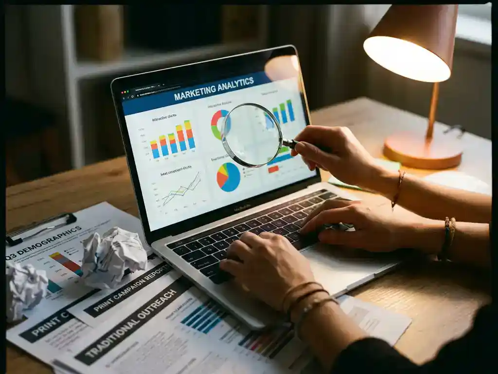 Modern laptop displaying data analytics dashboards on desk with scattered marketing reports and magnifying glass under warm lighting.