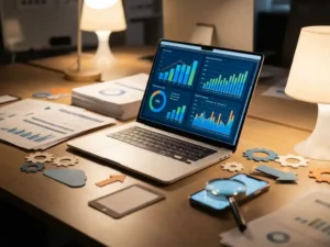 Modern laptop displaying colorful data charts surrounded by business documents and paper cutout icons on organized desk