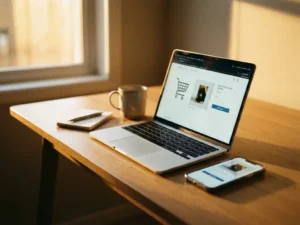 Laptop and smartphone displaying online shopping cart interface on wooden desk with coffee cup in warm natural lighting