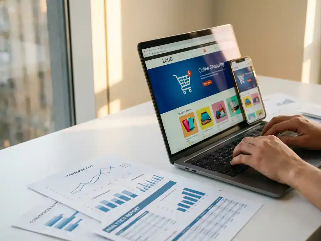 Laptop displaying colorful e-commerce website with shopping cart, smartphone showing mobile store version, analytics charts on desk