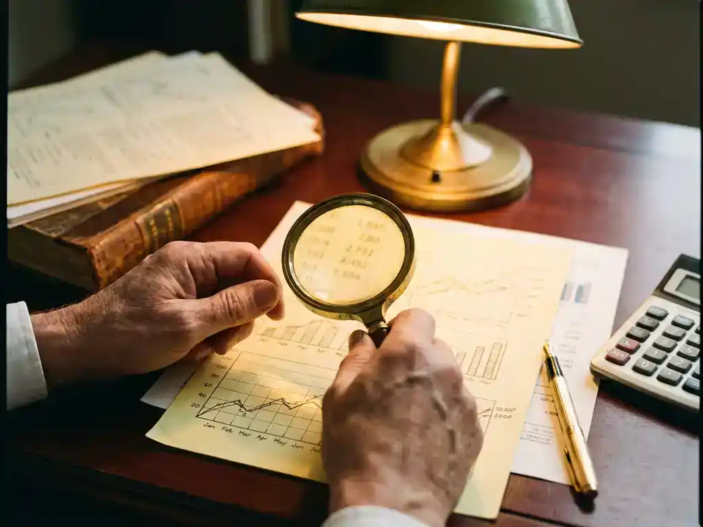 Professional examining financial charts with brass magnifying glass on mahogany desk with calculator and pen nearby