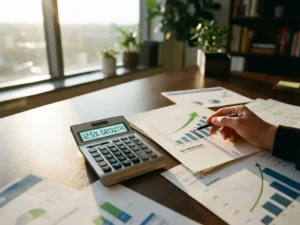 Calculator with percentage symbols on desk surrounded by financial charts with upward arrows and businessman's hand pointing to data