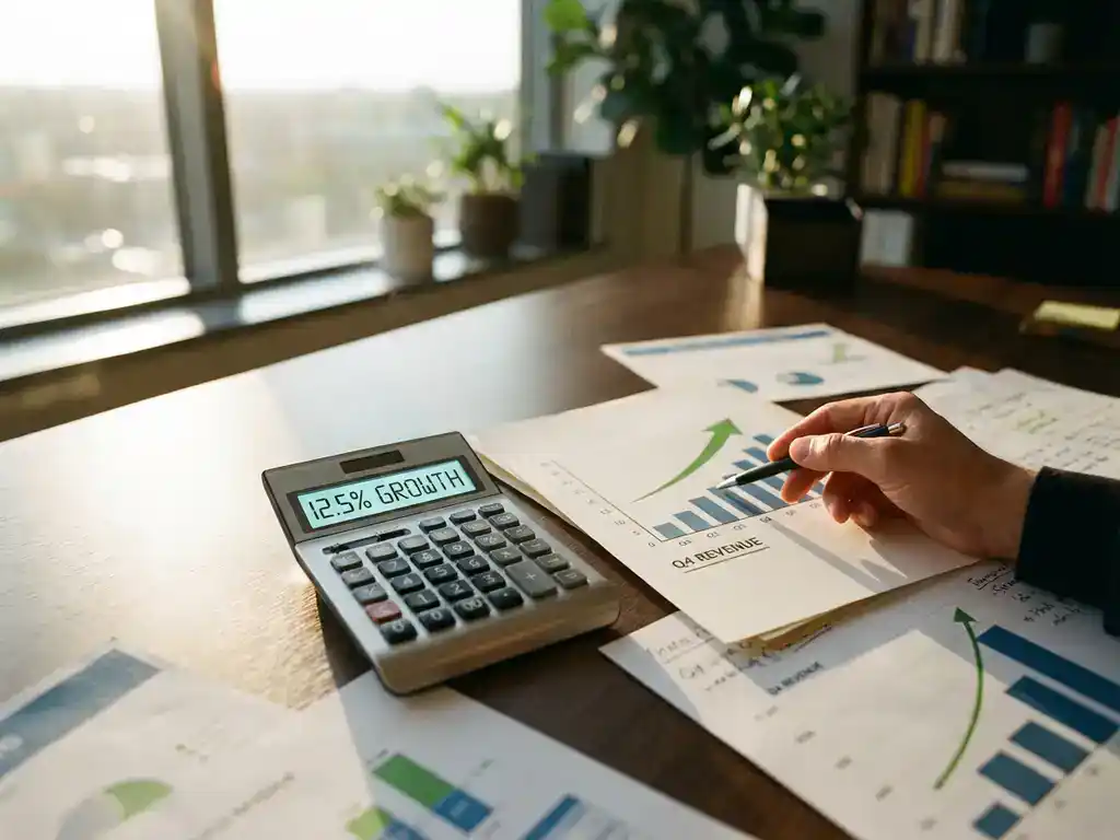 Calculator with percentage symbols on desk surrounded by financial charts with upward arrows and businessman's hand pointing to data