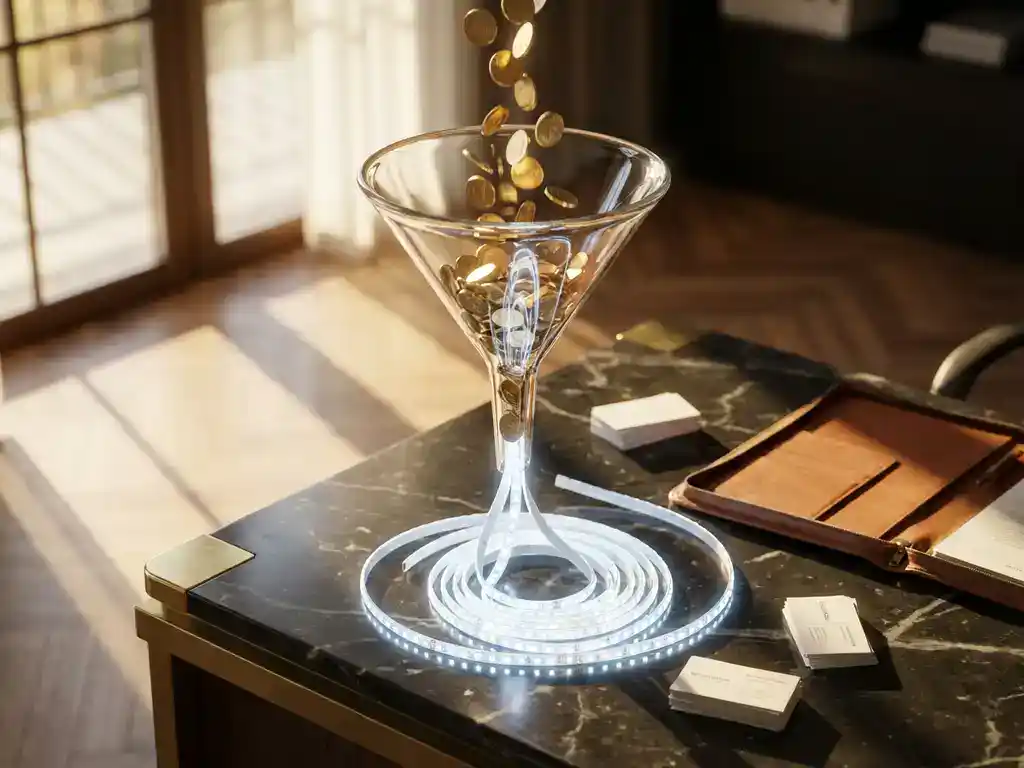 Glass funnel on marble desk with golden coins falling through top and LED lights glowing from bottom, business cards nearby