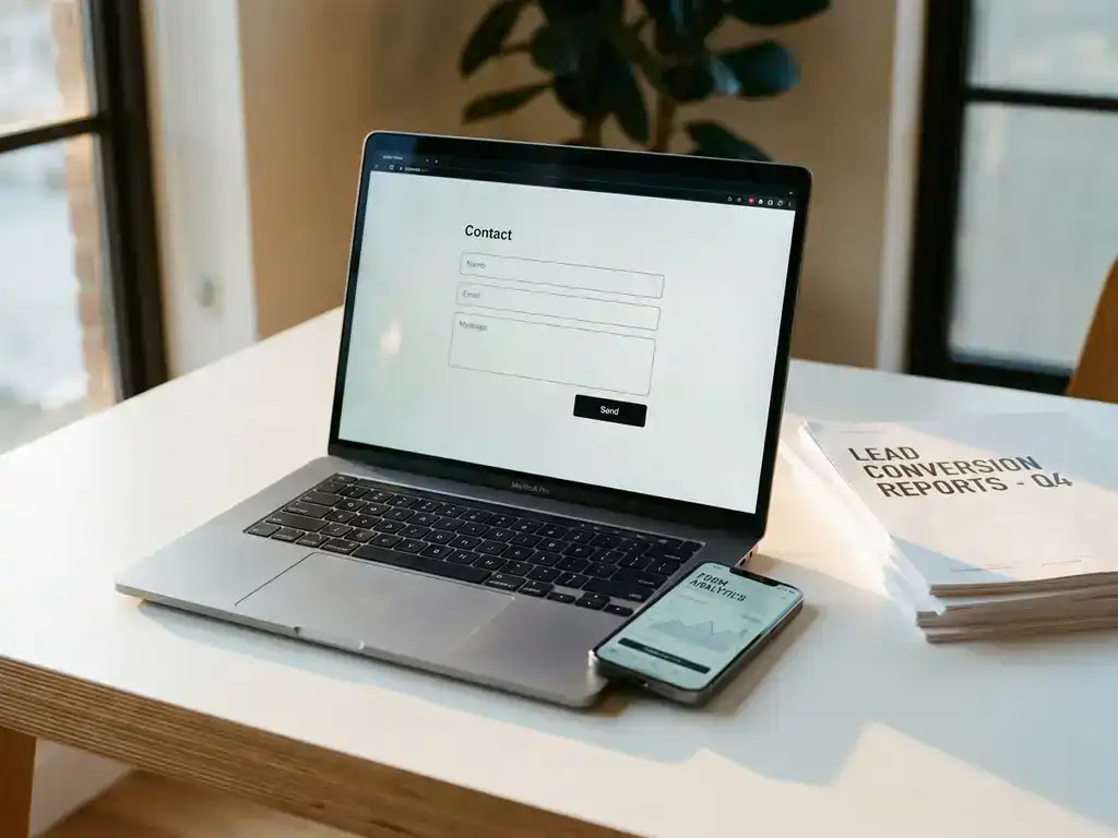 Laptop displaying contact form on screen next to lead conversion reports and smartphone with analytics on white desk
